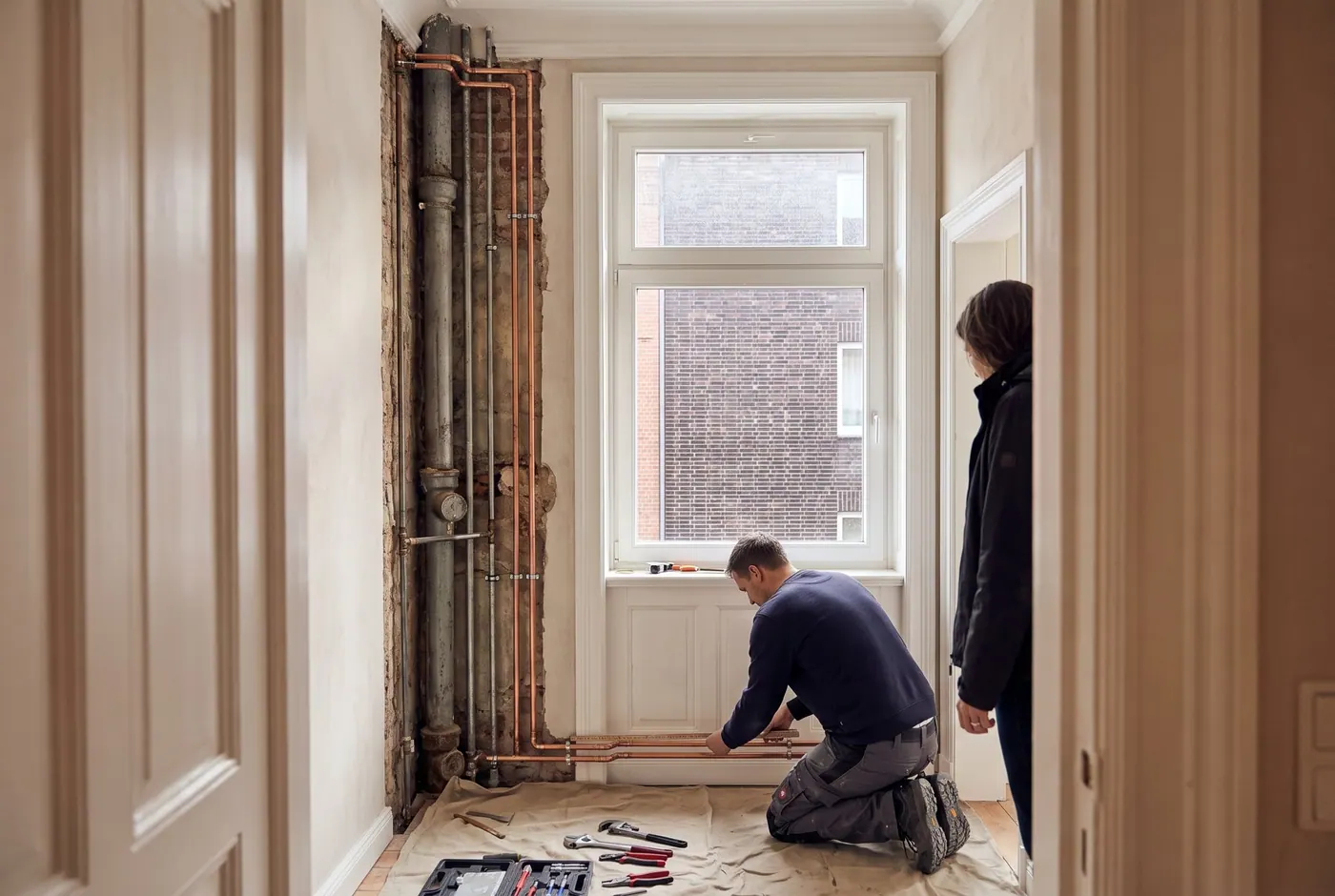 Alte Leitungen im aufgestemmten Altbau-Bad werden vermessen