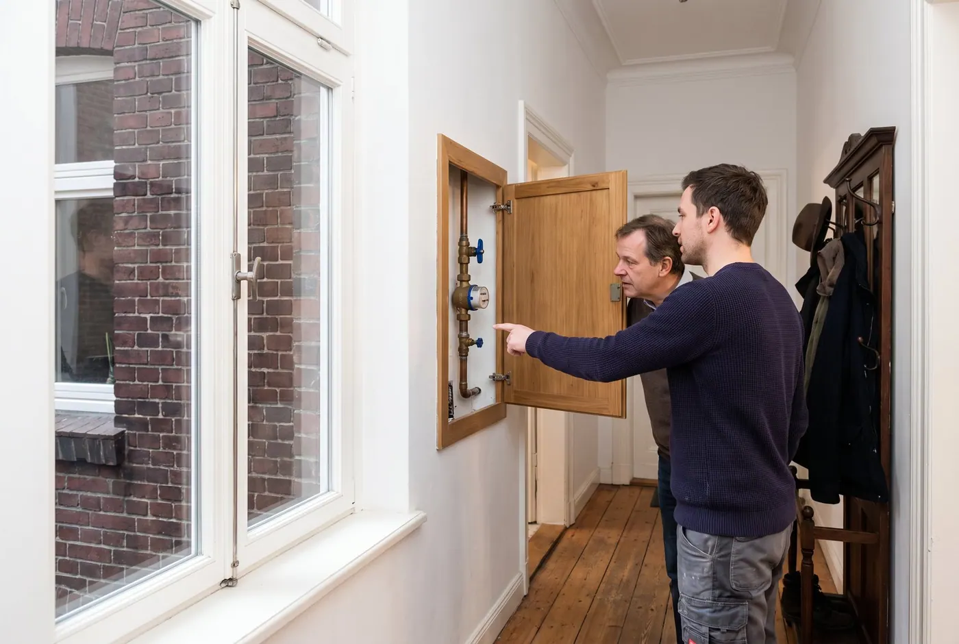 Fachkraft zeigt das Absperrventil am Wohnungswasserzähler