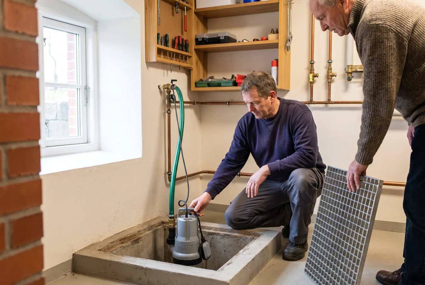 Pumpensumpf mit Tauchpumpe im Keller wird geprüft