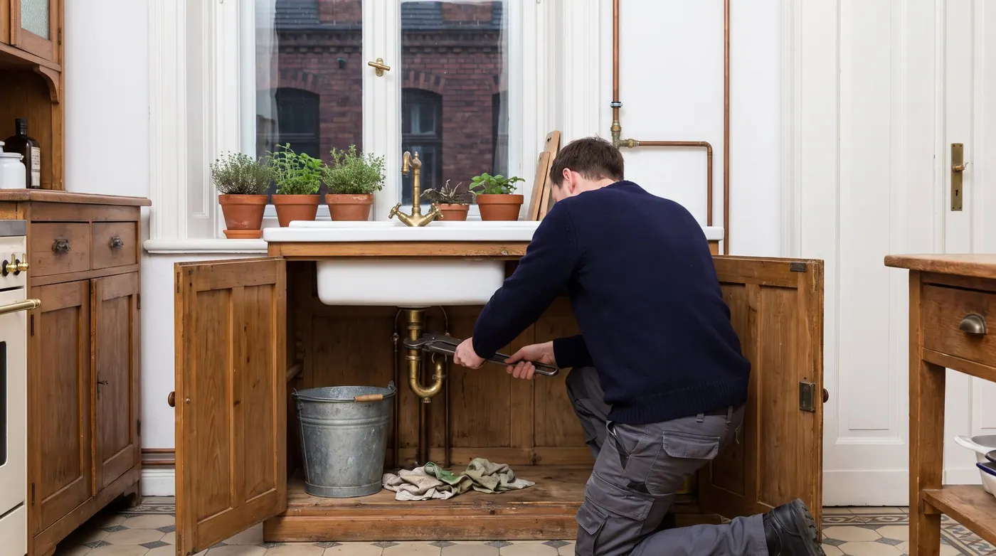 Siphon unter der Küchenspüle wird gelöst