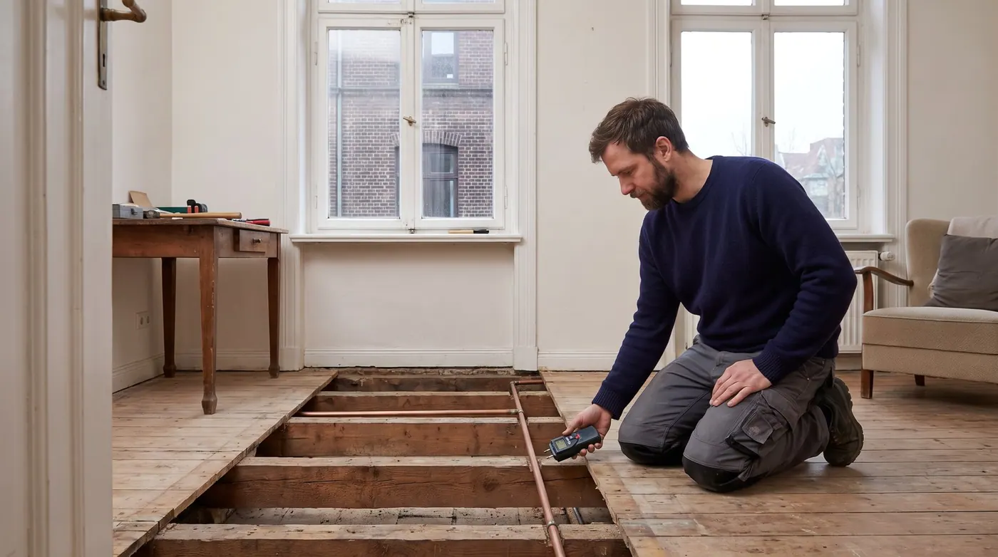 Leitung in einer geöffneten Holzbalkendecke