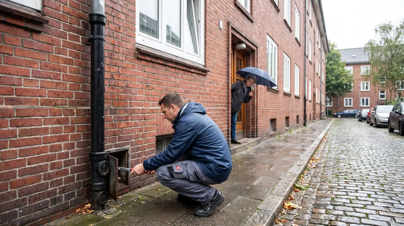 Regenfallrohr an einem Klinkerhaus wird bei Regen geprüft