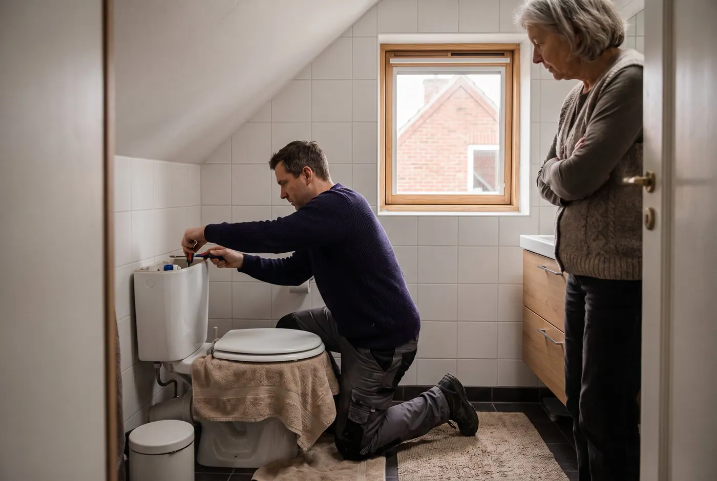 Fachkraft tauscht das Spülventil im Bad eines Backsteinhauses