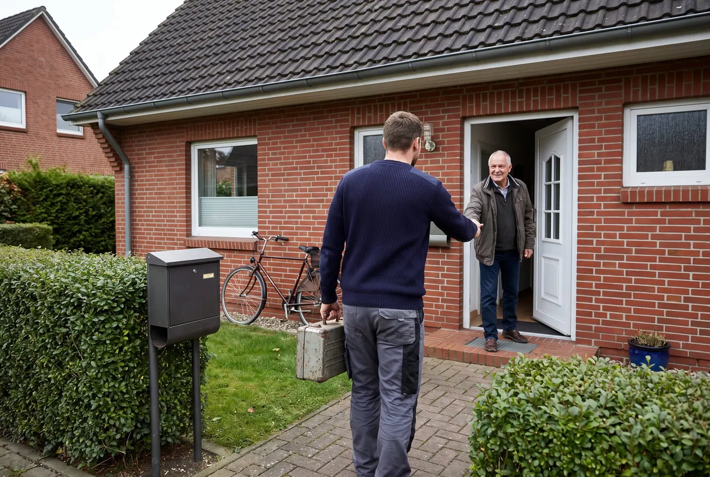 Fachkraft wird an einem Klinkerhaus begrüßt